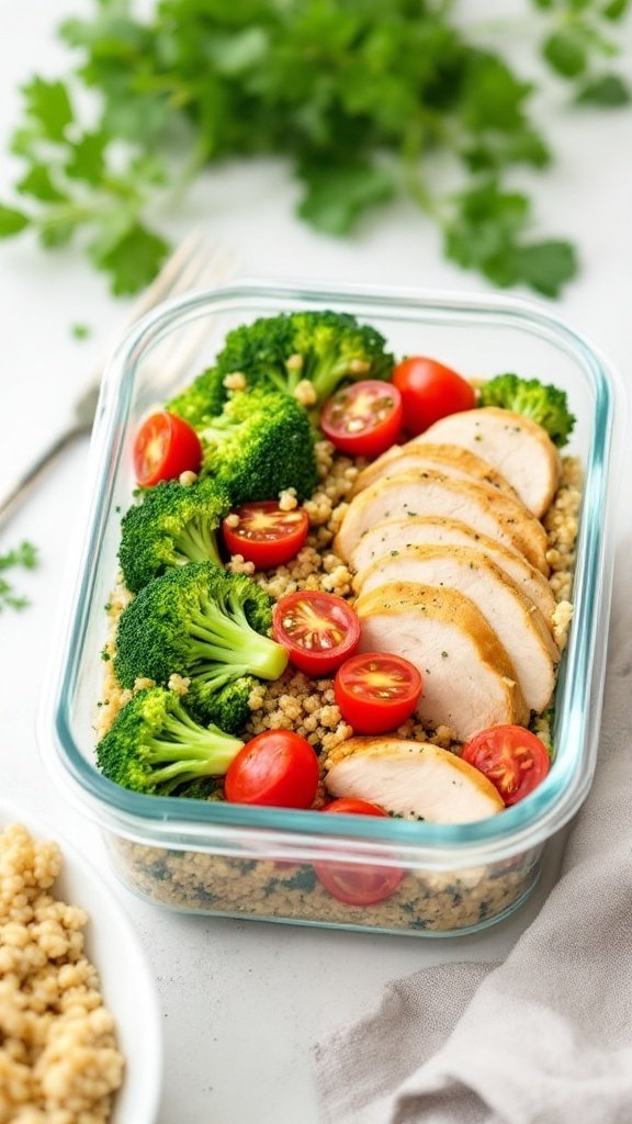 Efficient Meal Prep for One: Budget-Friendly Recipes That Minimize Waste Single-serving meal prep container with quinoa, broccoli, cherry tomatoes, and chicken on a kitchen counter.