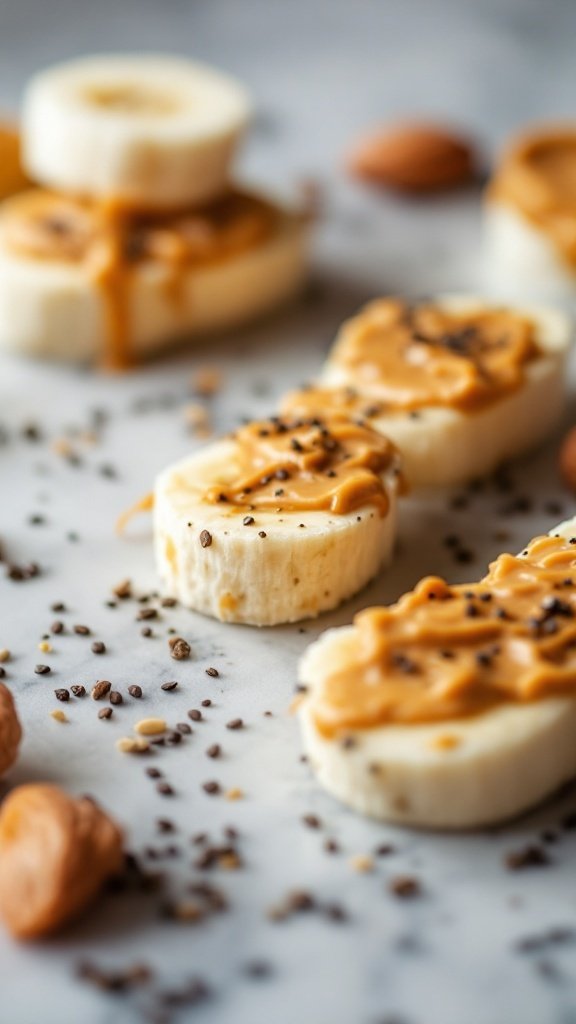 Banana slices topped with almond butter and chia seeds