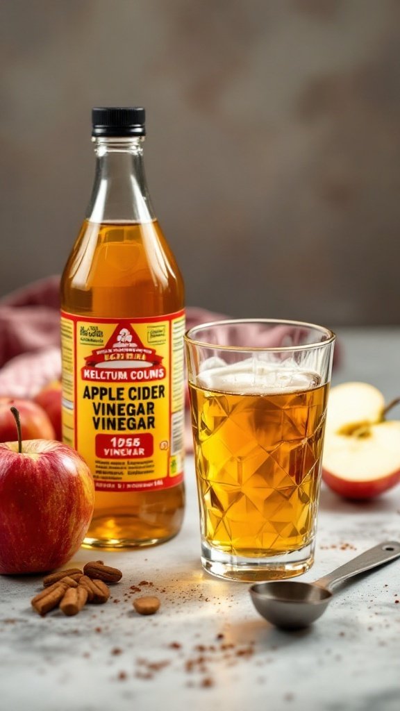 A bottle of apple cider vinegar with a glass of the liquid, next to fresh apples and almonds on a countertop.
