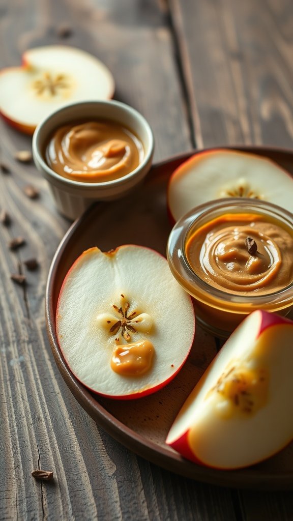 A wooden plate with whole red apples and a sliced apple next to a small bowl of almond butter and scattered almonds.