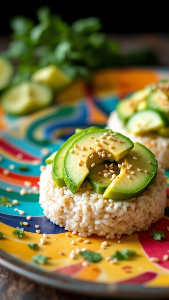 Avocado and cucumber rice cakes topped with sesame seeds and cilantro