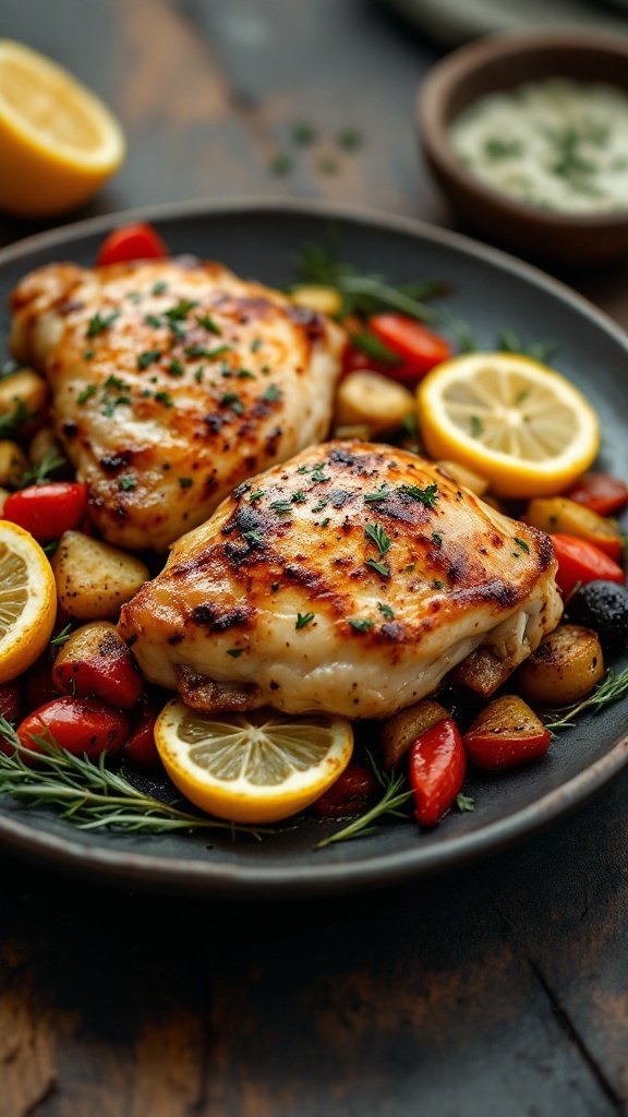 Baked Lemon Garlic Chicken Thighs served with vegetables and lemon slices