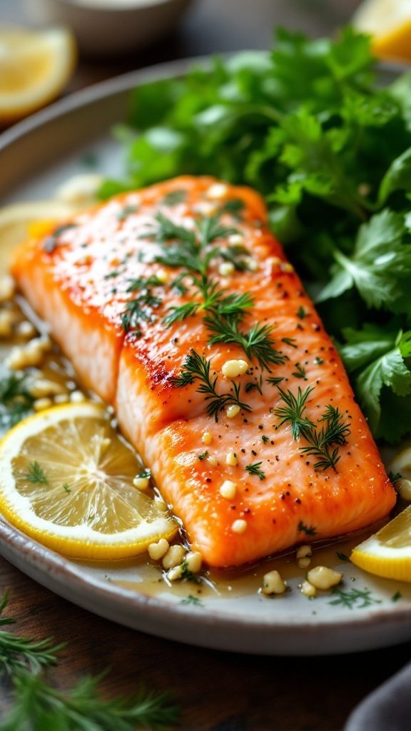 Baked salmon fillet with garlic, dill, and lemon slices