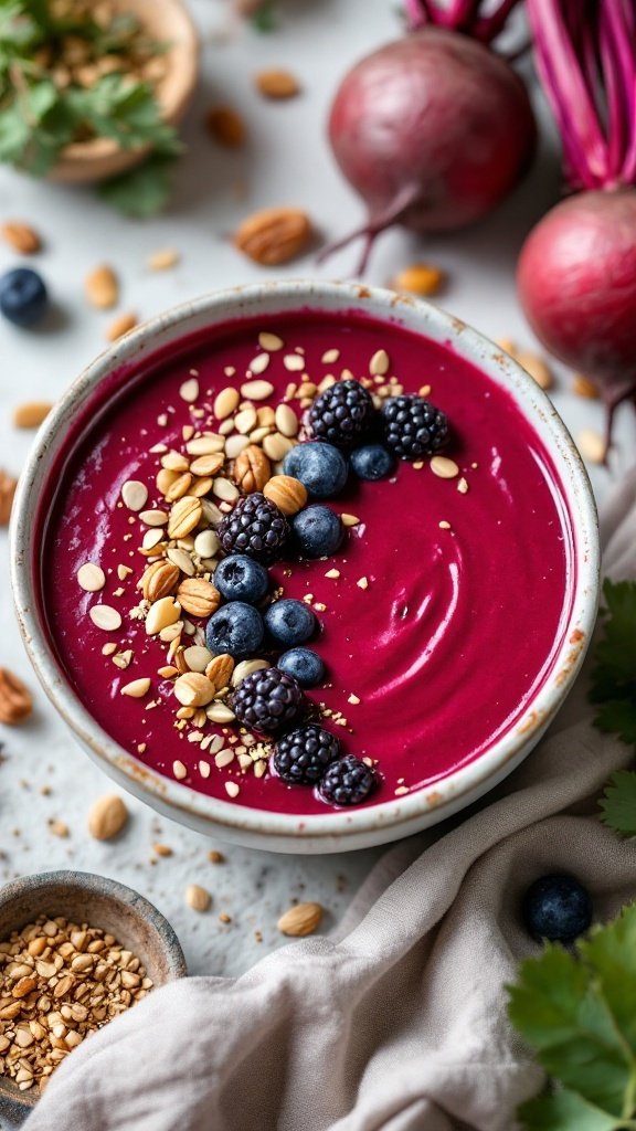 A vibrant beetroot berry smoothie topped with berries and seeds.