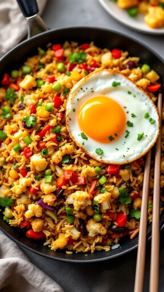 A vibrant dish of cauliflower fried rice topped with a sunny-side-up egg and garnished with green onions and cilantro.