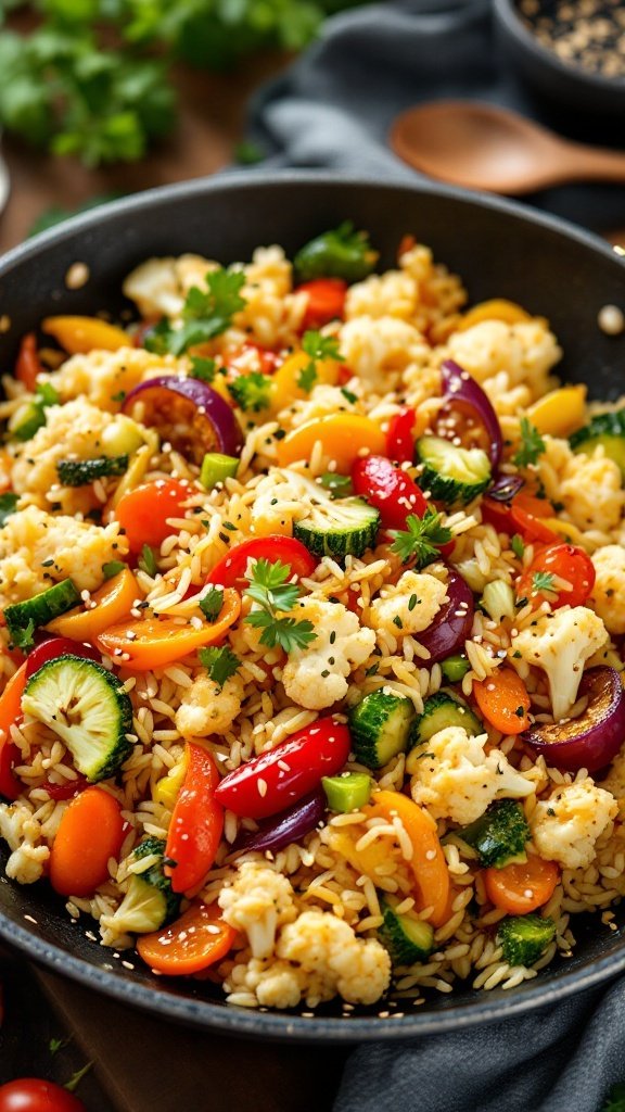 A colorful cauliflower rice stir-fry with various vegetables, garnished with cilantro and sesame seeds.