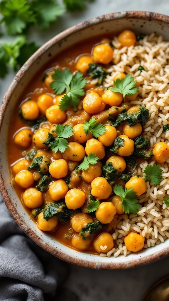 A warm bowl of chickpea and spinach coconut curry served with rice.