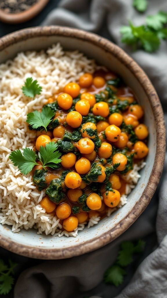 A bowl of chickpea and spinach curry served with rice.