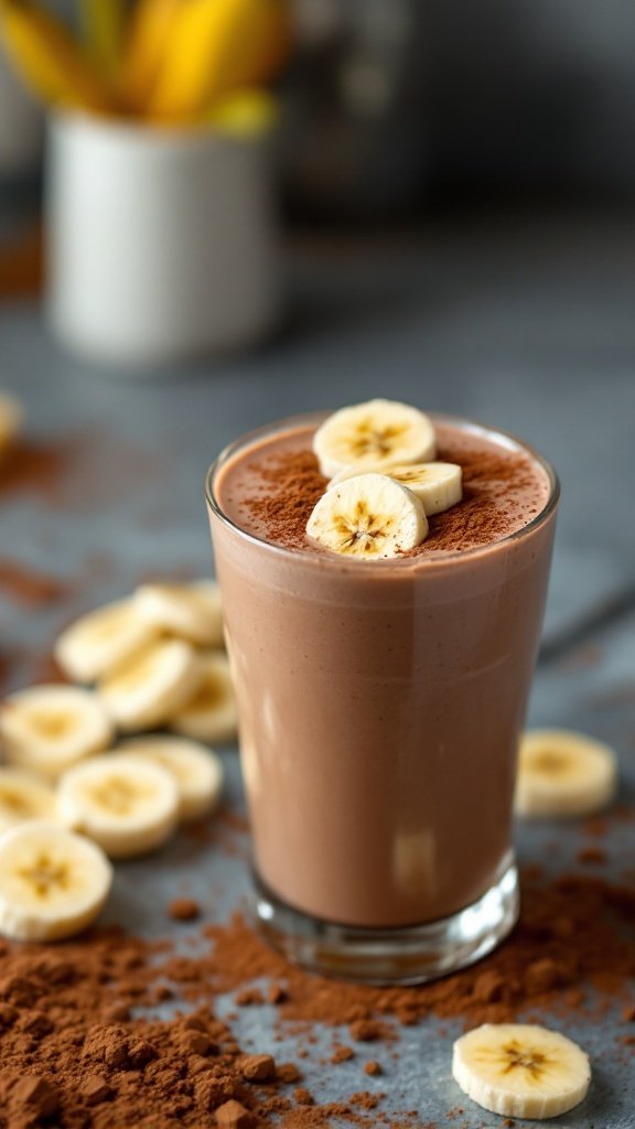 Choco-Banana Anti-Inflammatory Smoothie in a glass with banana slices on top and cocoa powder sprinkled around.