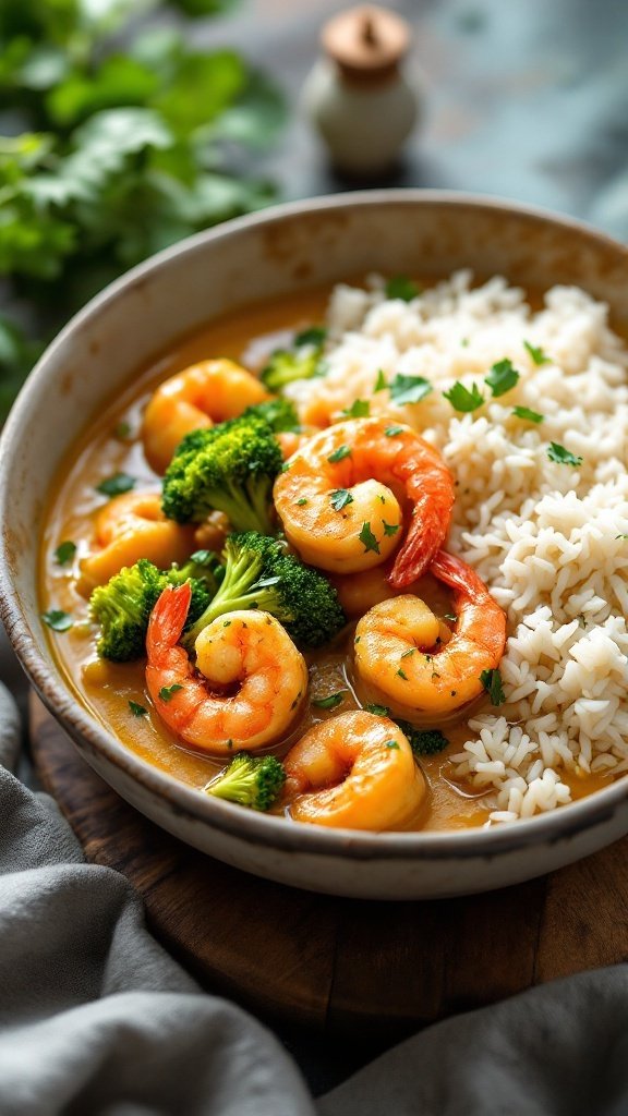 A bowl of coconut curry shrimp with broccoli and rice