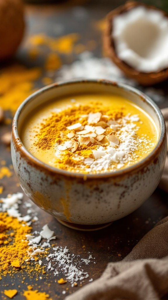 A bowl of coconut curry smoothie topped with shredded coconut and spices.