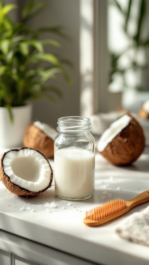 A jar of coconut milk surrounded by fresh coconut halves and a wooden hairbrush on a kitchen counter.