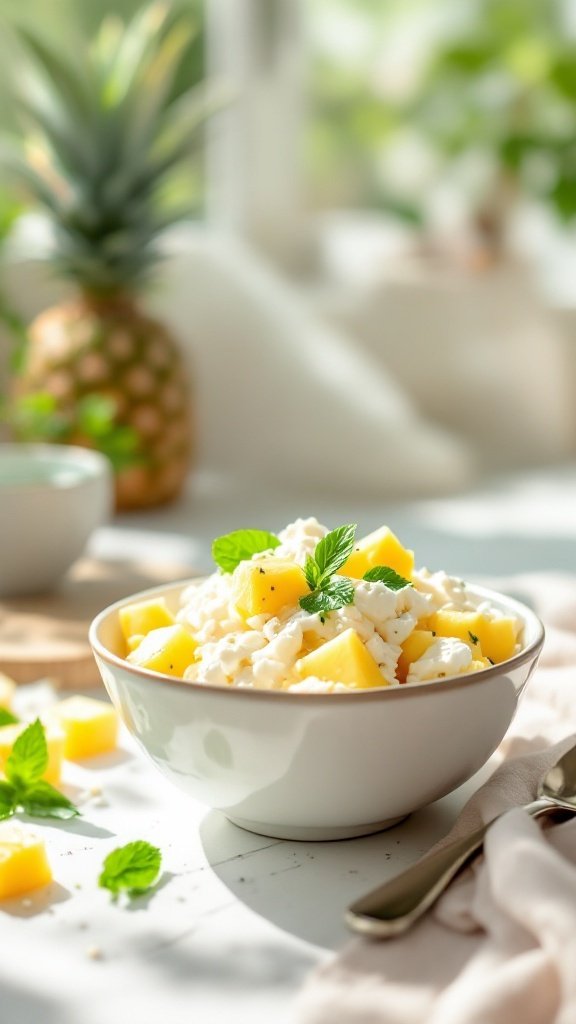 A bowl of cottage cheese topped with diced pineapple and mint leaves