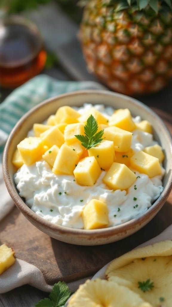 A bowl of cottage cheese topped with pineapple chunks, with a fresh pineapple in the background.