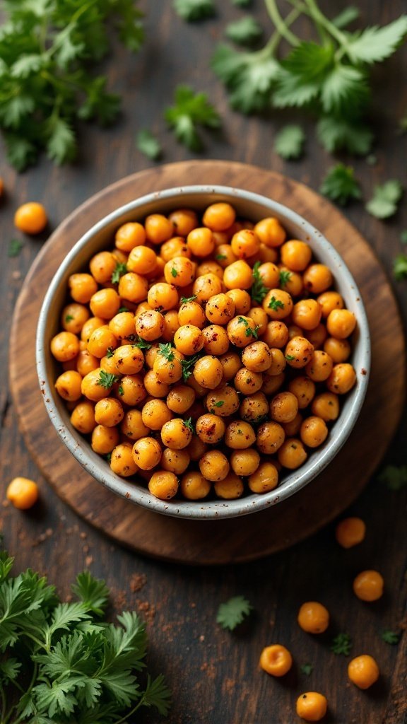 A bowl of crunchy chickpea bites garnished with fresh herbs.