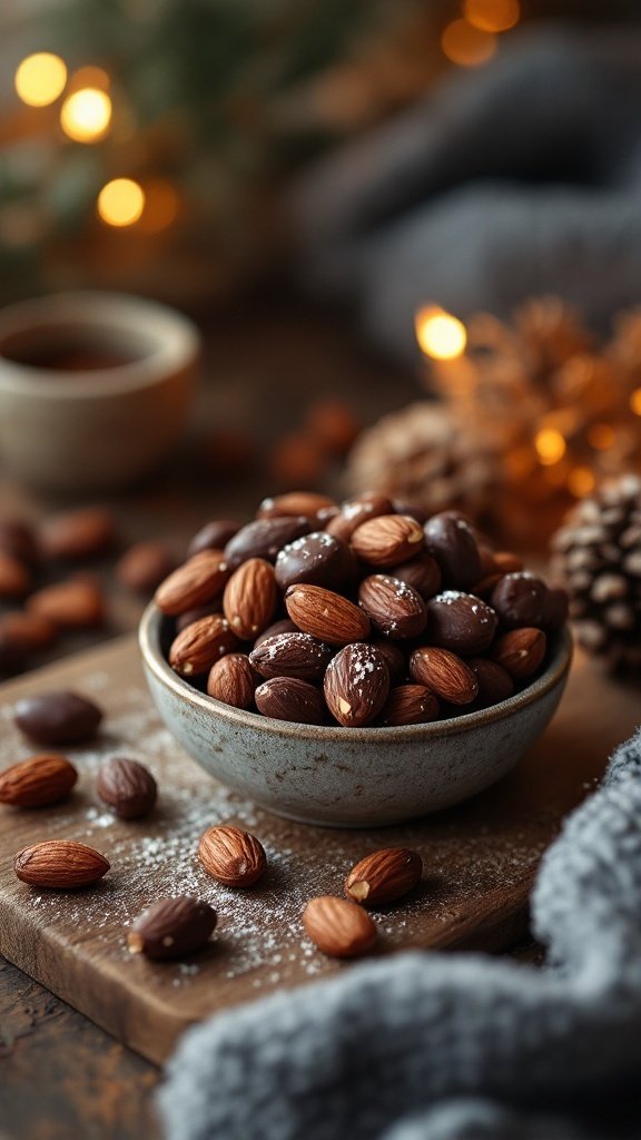 A bowl of dark chocolate-covered almonds with some scattered on a wooden surface, surrounded by festive decorations.