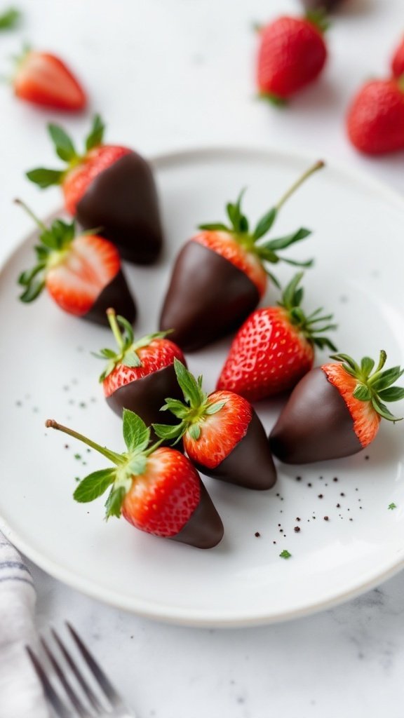 Dark chocolate-dipped strawberries on a white plate.