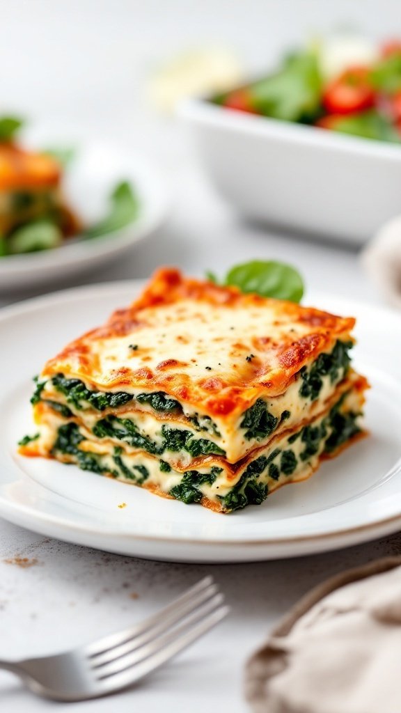 A serving of eggplant lasagna with layers of spinach and ricotta.