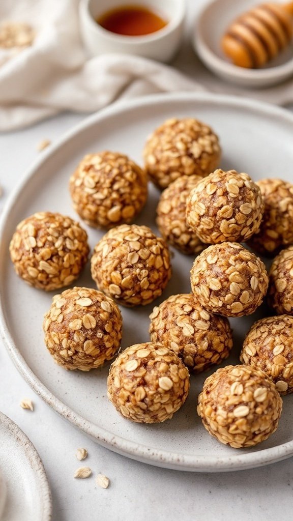 A plate of energy bites made with oats and honey, showcasing their round shape and oat coating.