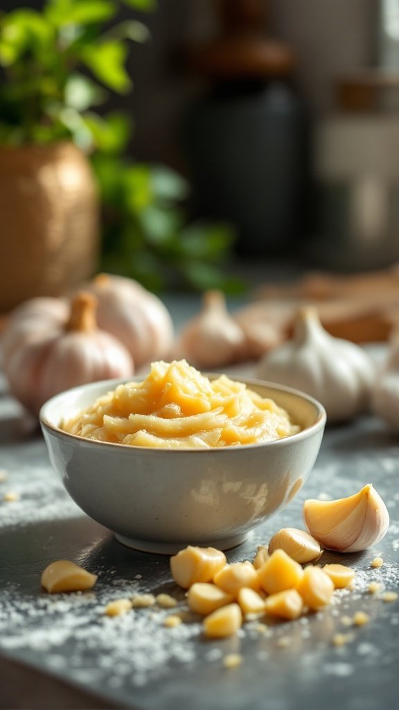A bowl of garlic paste with whole garlic cloves in the background.