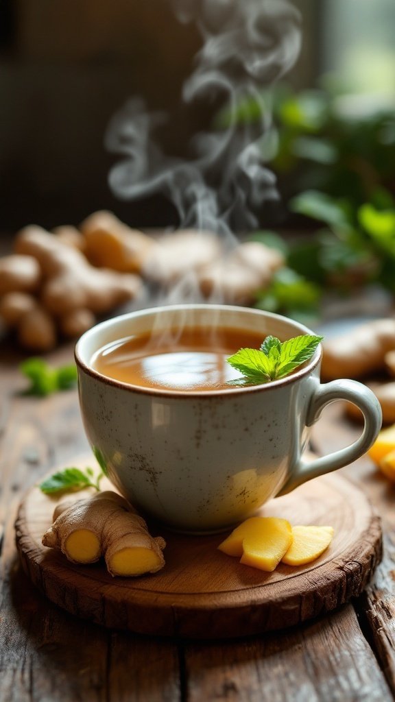 A steaming cup of ginger tea with mint leaves, fresh ginger slices, and a rustic wooden background.