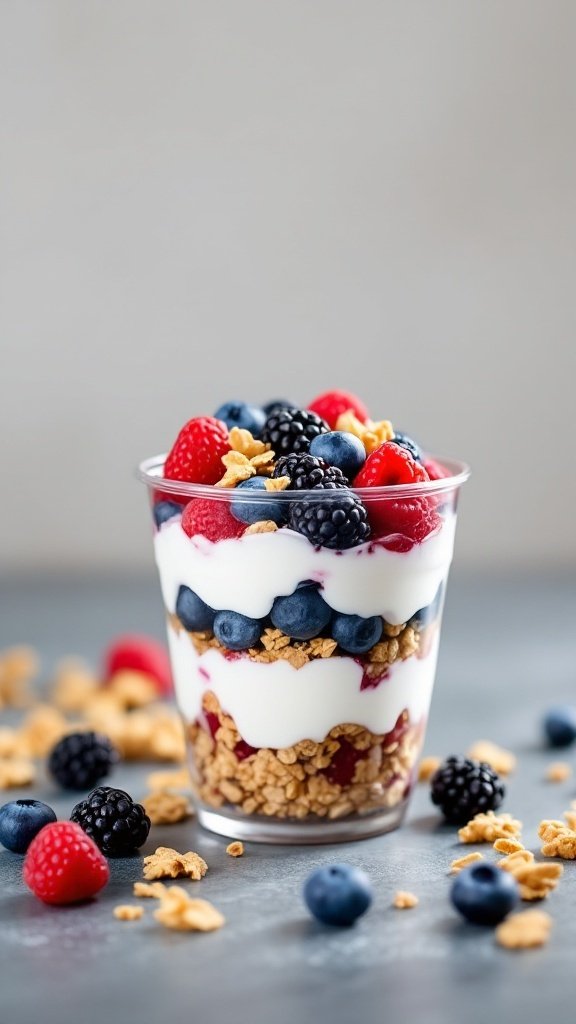 A Greek yogurt parfait layered with berries and granola in a clear cup.