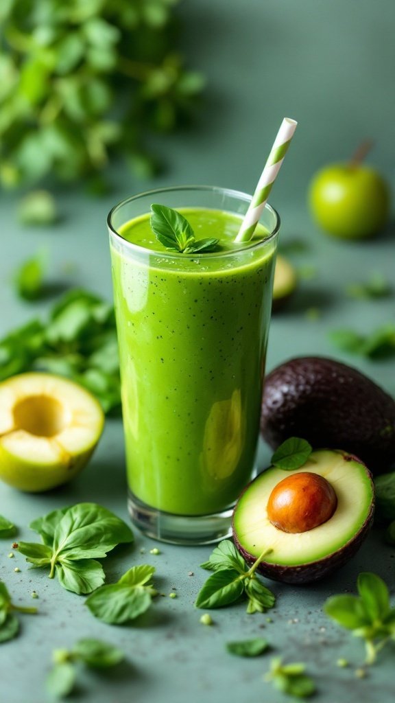 A refreshing green smoothie made with avocado, spinach, and green apple, garnished with mint leaves.