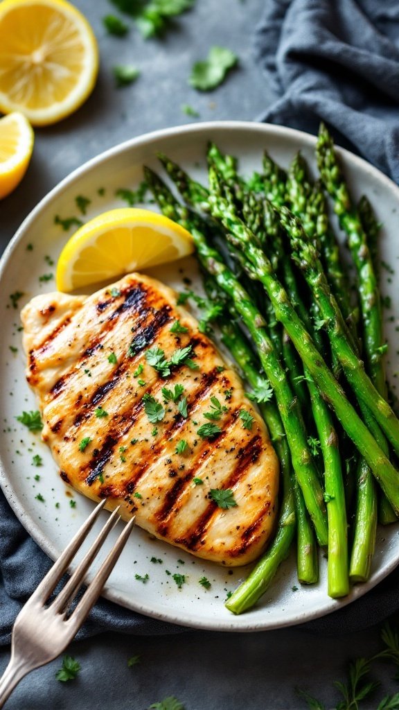 Grilled lemon herb chicken with asparagus on a plate