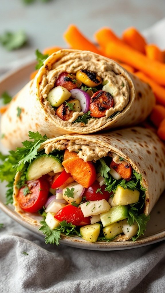 A grilled vegetable and hummus wrap with colorful veggies and a side of carrots.