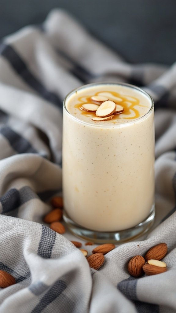 A glass of Honey Almond Delight smoothie topped with almonds and honey drizzle.