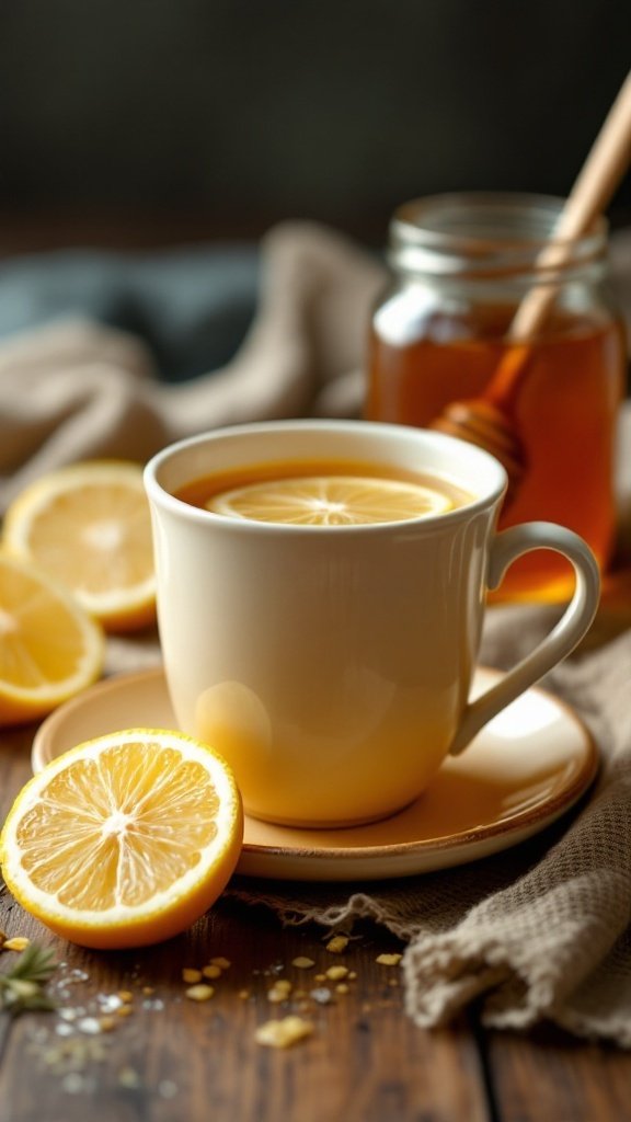 A warm cup of honey and lemon drink with lemon slices on a wooden table.