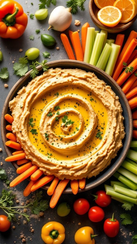 A vibrant display of hummus served with assorted fresh vegetable sticks