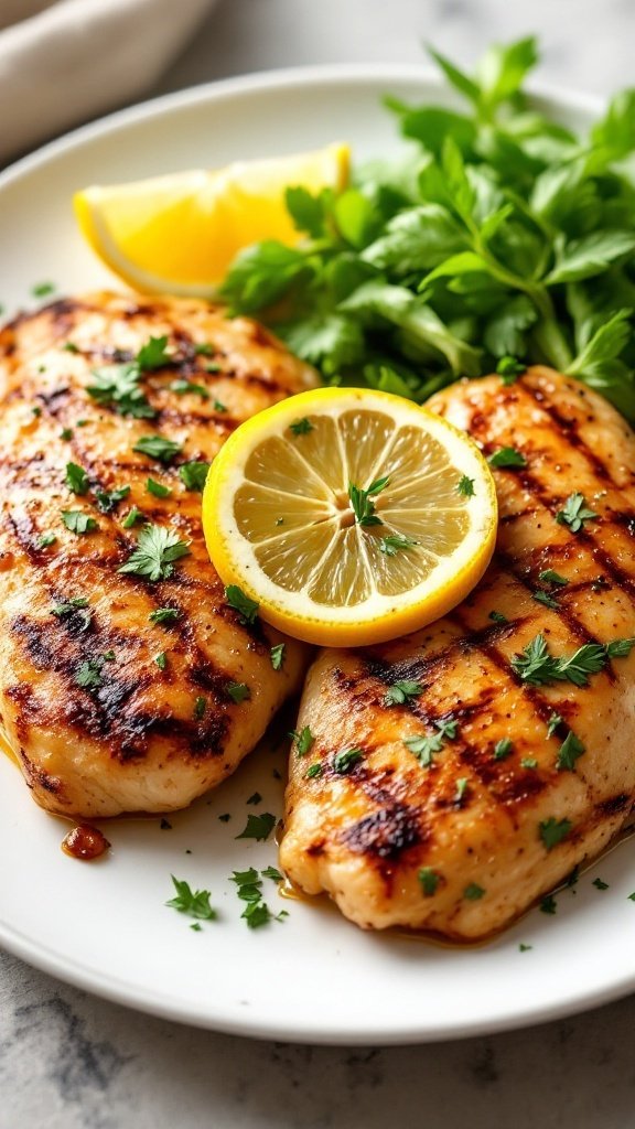 Grilled chicken with lemon and herbs on a plate