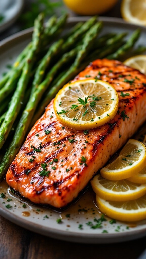 Grilled salmon fillet garnished with lemon slices and herbs, served with asparagus on the side.