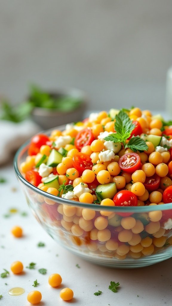 A vibrant Mediterranean Chickpea Salad with tomatoes, cucumbers, and herbs in a glass bowl.