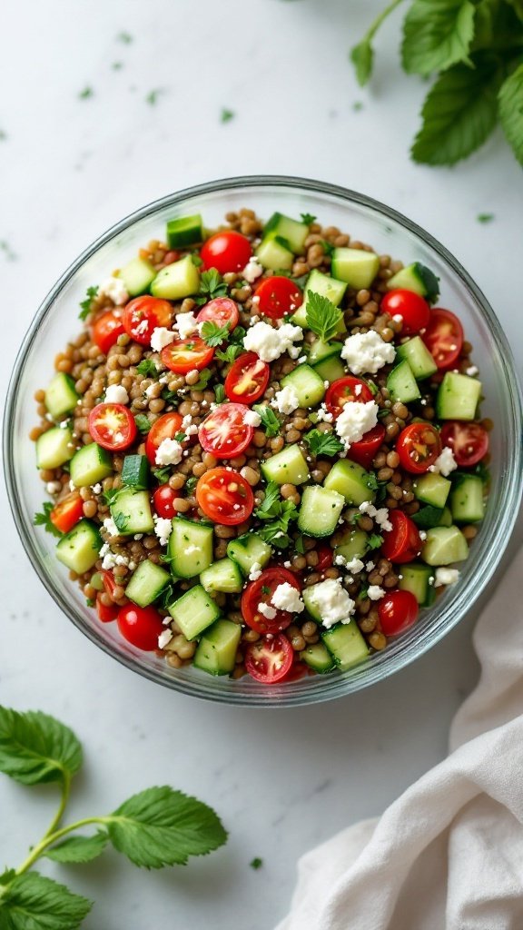 A bowl of Mediterranean lentil salad with cucumbers, tomatoes, parsley, and feta cheese.