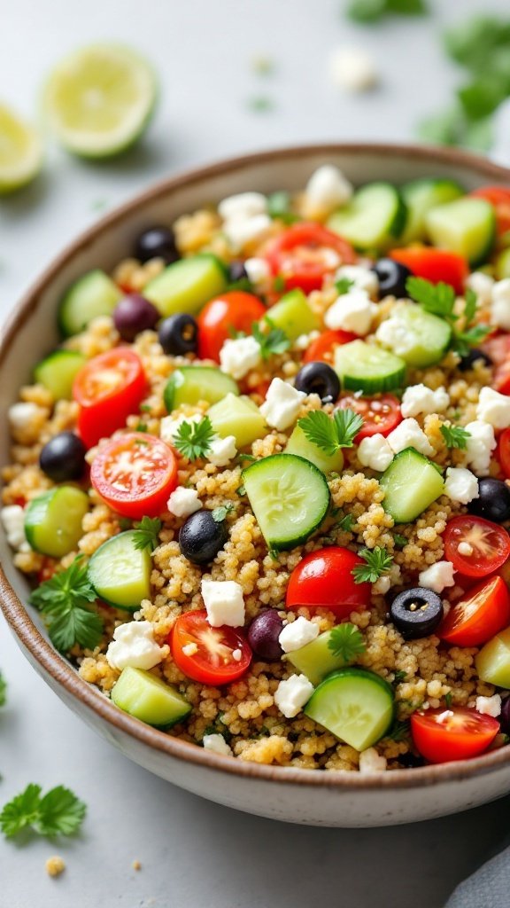 A vibrant Mediterranean Quinoa Salad featuring colorful vegetables and feta cheese.