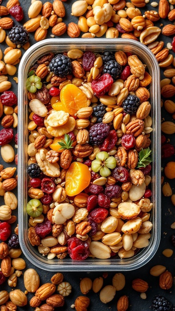 A colorful nutty trail mix with a variety of nuts and dried fruits in a clear container, surrounded by scattered nuts.