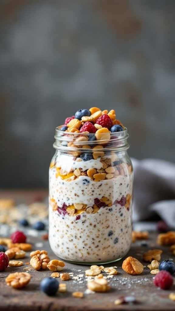 A jar of overnight oats layered with nuts and berries.