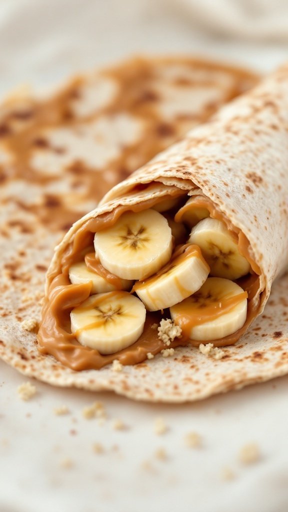 A close-up of a tortilla wrap filled with sliced bananas and peanut butter, rolled up neatly