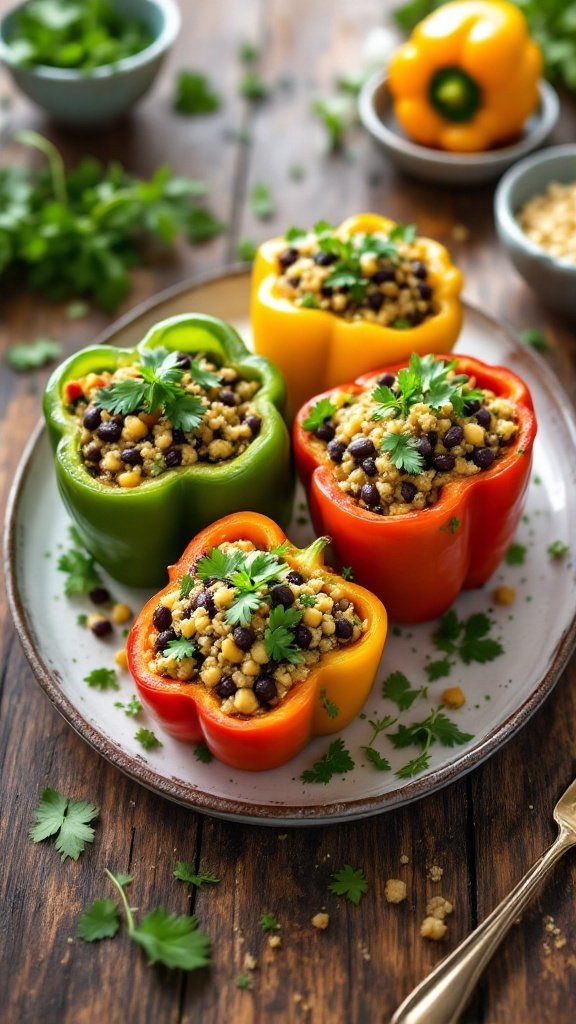 Quinoa and black bean stuffed peppers on a plate, garnished with cilantro.