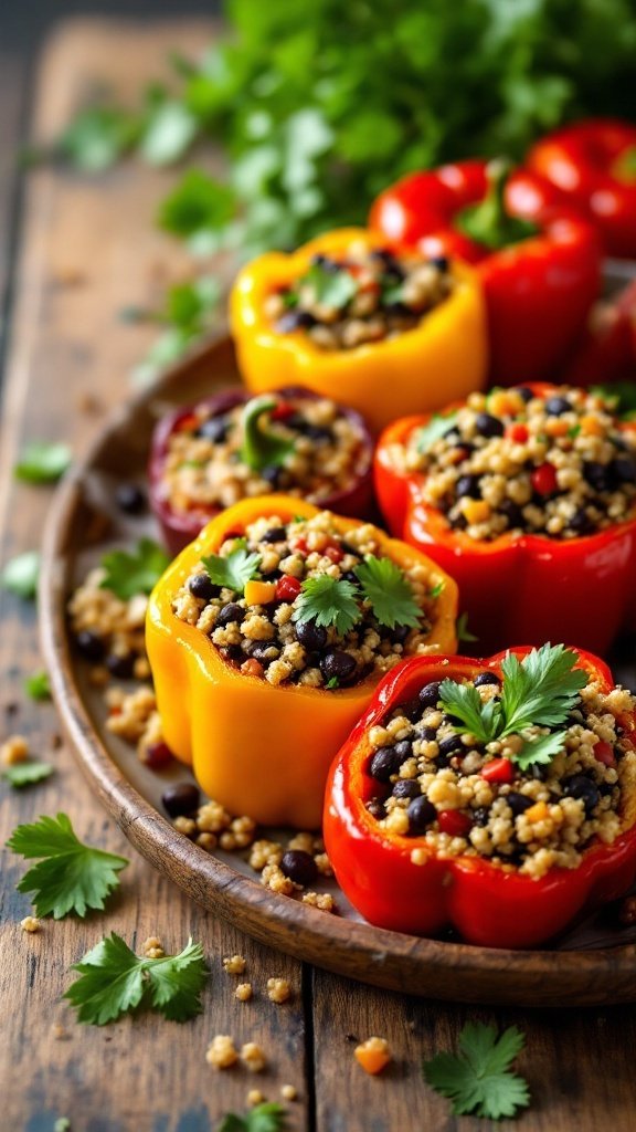 Colorful stuffed bell peppers filled with quinoa and black beans, topped with fresh herbs.