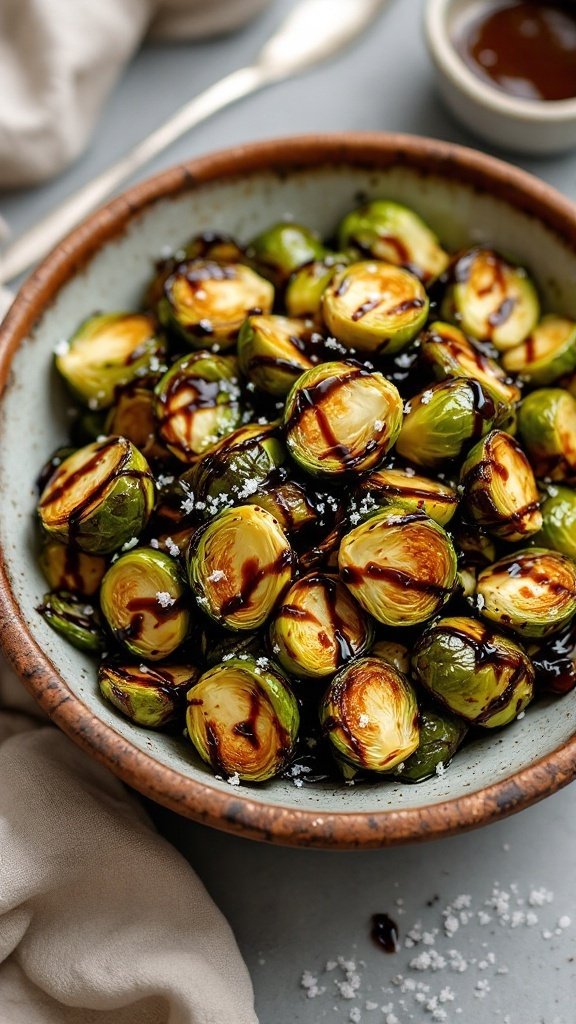 Bowl of roasted Brussels sprouts drizzled with balsamic glaze