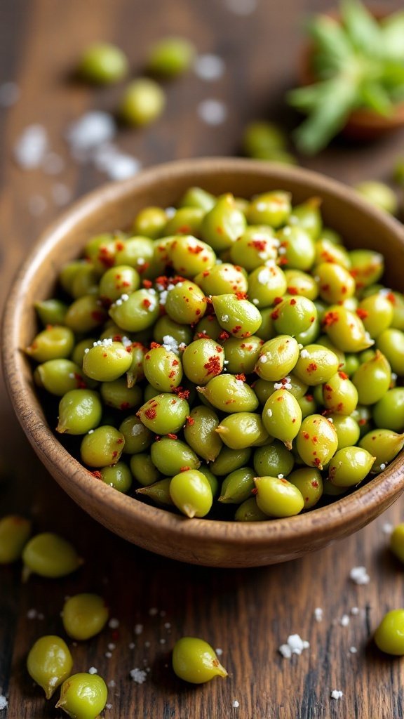 A wooden bowl filled with roasted edamame sprinkled with seasoning.