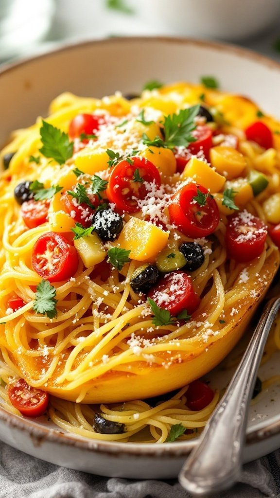 A plate of spaghetti squash primavera topped with colorful vegetables and garnished with parsley.