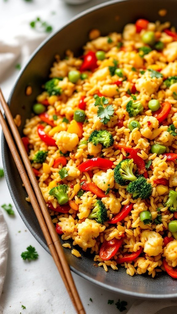 A colorful stir-fry featuring cauliflower rice mixed with various vegetables.