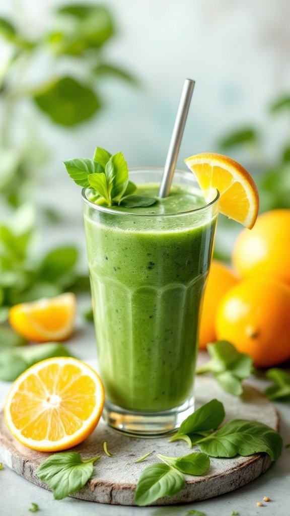 A refreshing green smoothie made with spinach and citrus fruits, served in a glass with a slice of lemon on the rim.