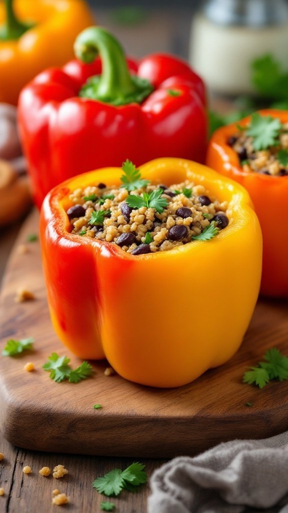 Stuffed bell peppers filled with quinoa and black beans, garnished with cilantro.