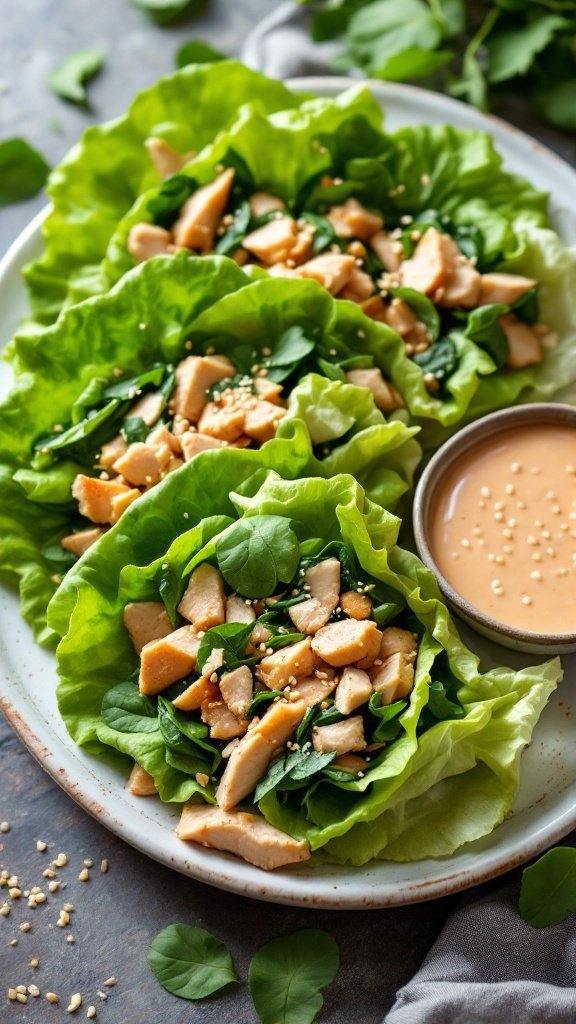 Turkey and spinach lettuce wraps served on a plate with sesame seeds.