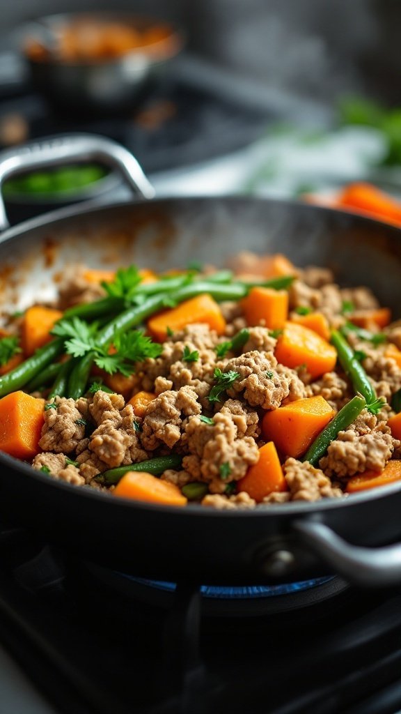 A skillet with ground turkey, sweet potatoes, and green beans cooking together.